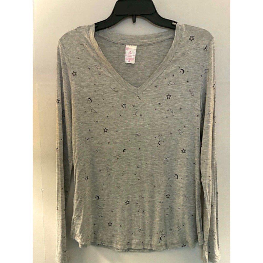 No Boundaries Juniors Medium Gray Celestial‎ V Neck Long Sleeve Top Stars Moon